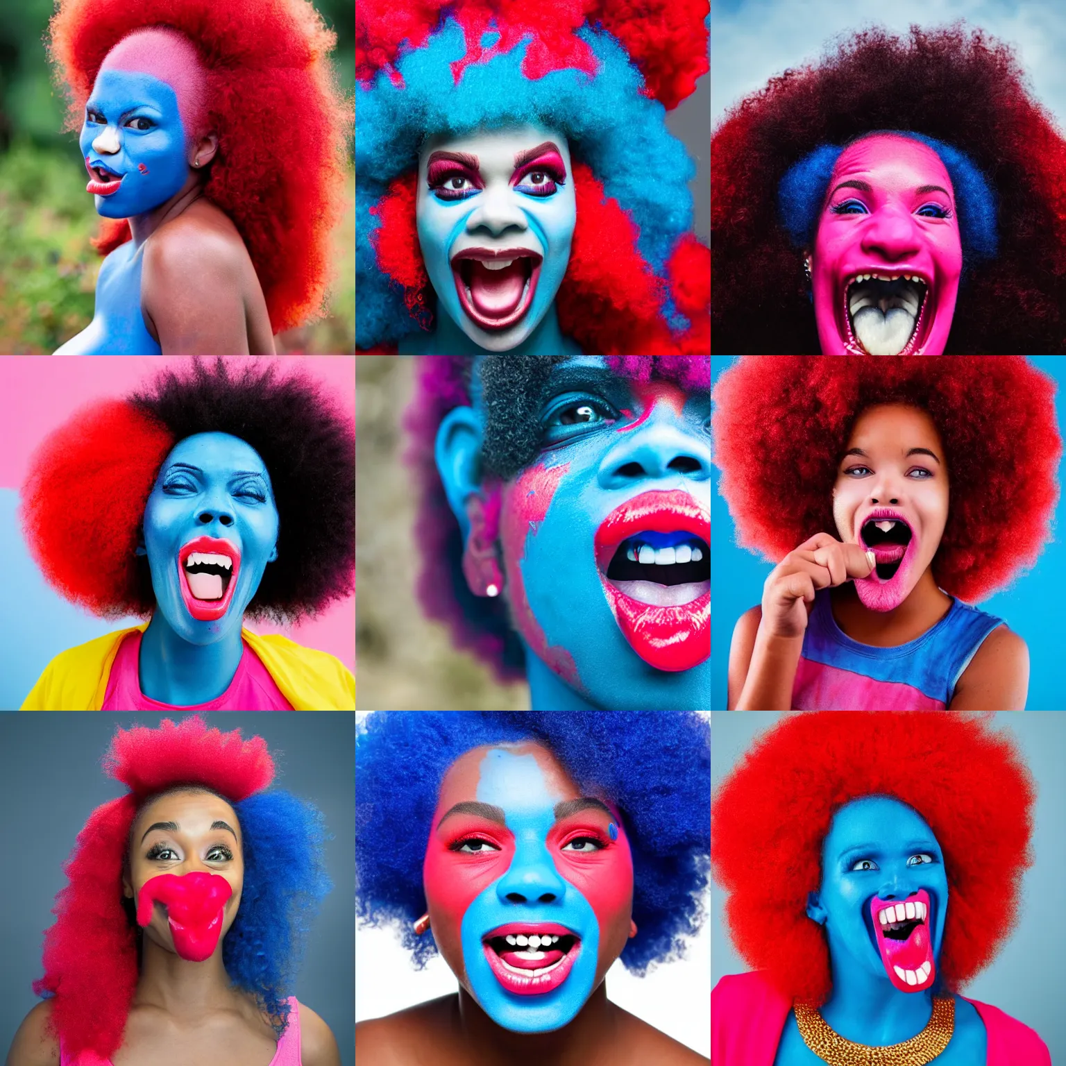Prompt: a face, big red mouth, blue skin, pink afro air, girl