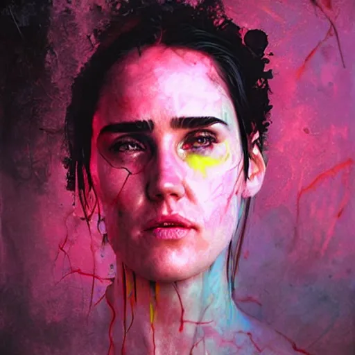 Image similar to jennifer connelly by cy Twombly and BASTIEN LECOUFFE DEHARME, pink and yellow, iridescent, volumetric lighting