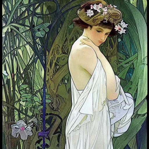 Image similar to elegant woman, white dress, dense jungle, trees, huge flowers, by alphonse mucha