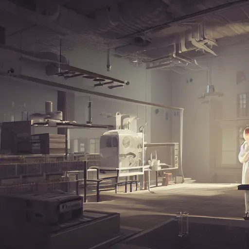 Image similar to muted colors, enlightenment era, 3 d octane render, unreal engine, realistic, and young scientist! standing in his laboratory observing a huge complex experiment!!, detailed, volumetric lighting