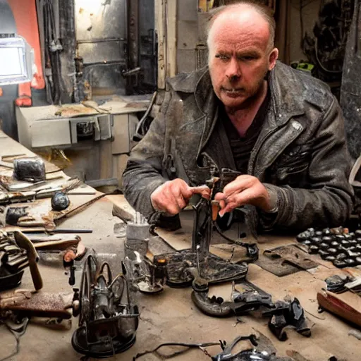 Prompt: inspecting intricate gun made from rusted cutlery, balding older cyborg with jeweller's loupe for eyes, with orange led light, smoking soldering iron, dark messy cluttered workshop, dark, dramatic lighting, cinematic, highly detailed, sci - fi, futuristic, movie still from blade runner