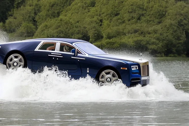 Image similar to Group of teenagers push Rolls-Royce into lake with their hands from a small slide wanting to drown him