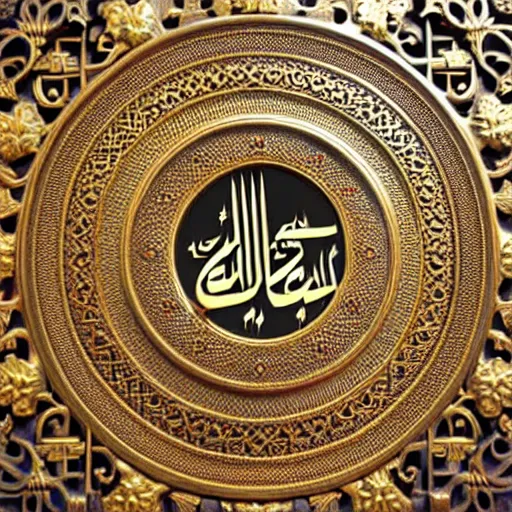 Image similar to gorgeous ornated bronze realistic detailed holy makkah wall decoration with filigree, islamic calligraphy