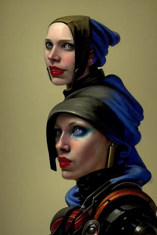 Prompt: full character portrait max mad cyberpunk warhammer 4 0 k, medic sapper not the girl with the pearl earring character design, painting by nc wyeth, trending on artstation
