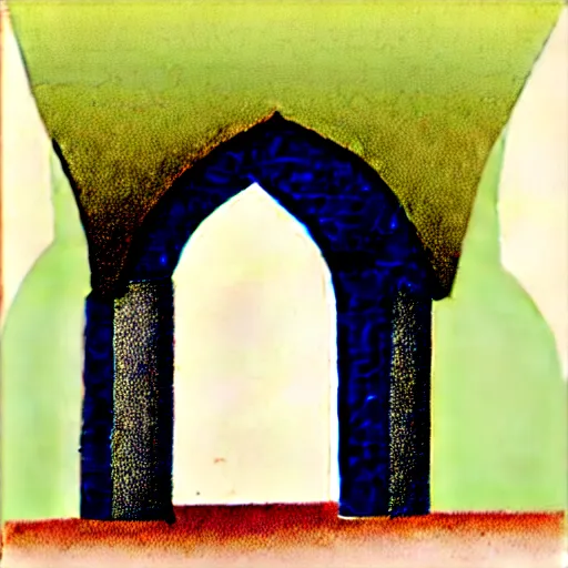 Image similar to flat primitive drawing, front view, full face, aqueduct with 4 arches