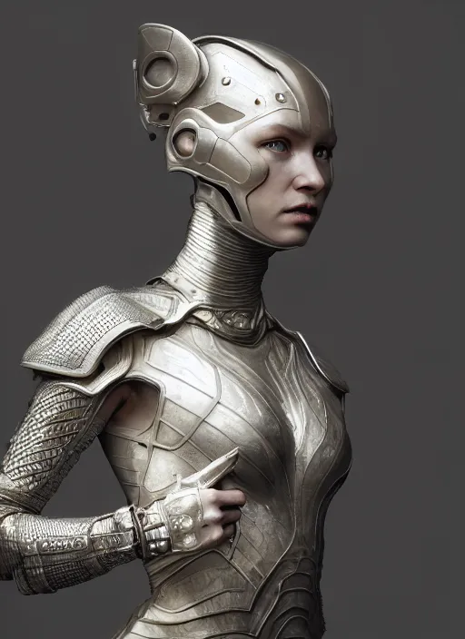 Image similar to hyperrealistic mixed media portrait of a beautiful armored warrior woman, stunning 3d render inspired art by Michael Parkes + perfect facial symmetry + dim volumetric lighting, 8k octane beautifully detailed render, post-processing, extremely hyperdetailed, intricate, epic composition, grim yet sparkling atmosphere, cinematic lighting + masterpiece, trending on artstation