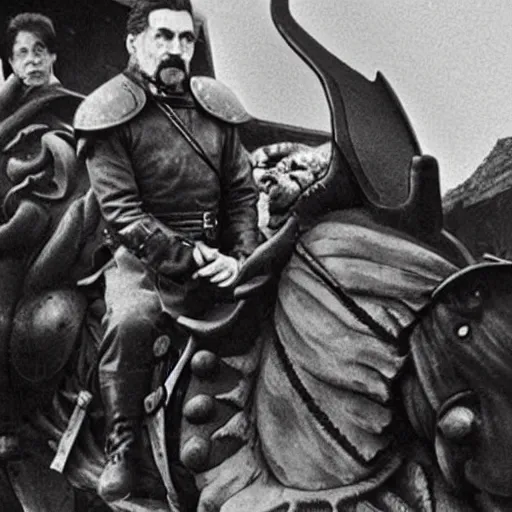 Image similar to Photo of Joseph Stalin riding the dragon from Game of Thrones ,