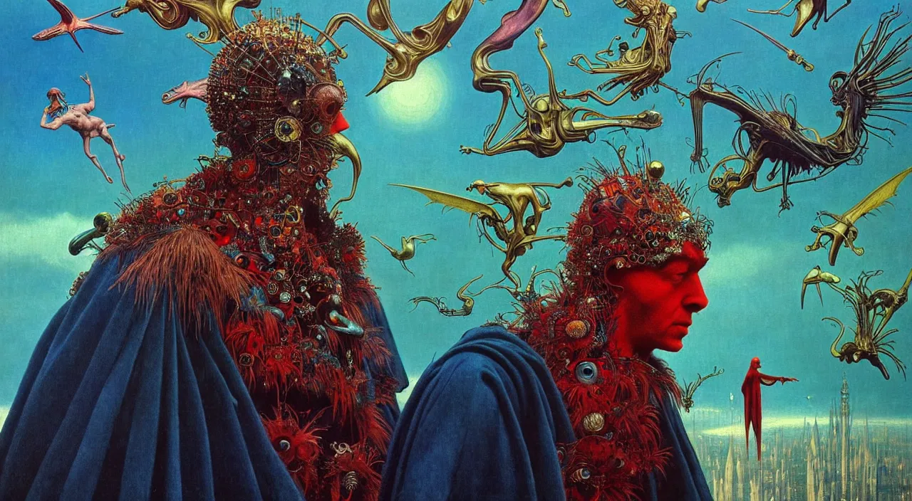 Image similar to realistic detailed portrait movie shot of a birdman wearing dark robes, sci fi city landscape background by denis villeneuve, amano, yves tanguy, alphonse mucha, ernst haeckel, max ernst, roger dean, masterpiece, rich moody colours, blue eyes, occult