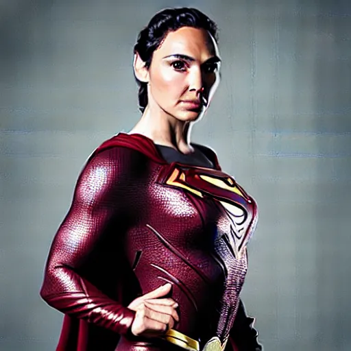 Image similar to a portrait of Gal Gadot wearing Superman suit of Henry Cavill version