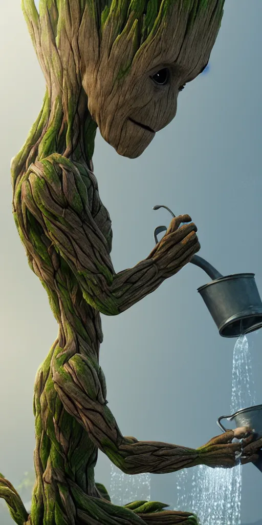photorealistic wide shot of Groot watering his feet, Stable Diffusion
