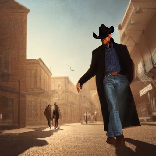 Prompt: a man with a long coat and a cowboy hat walking in a western town, by Shaddy Safadi, dramatic lighting, digital painting, 8k, highly detailed