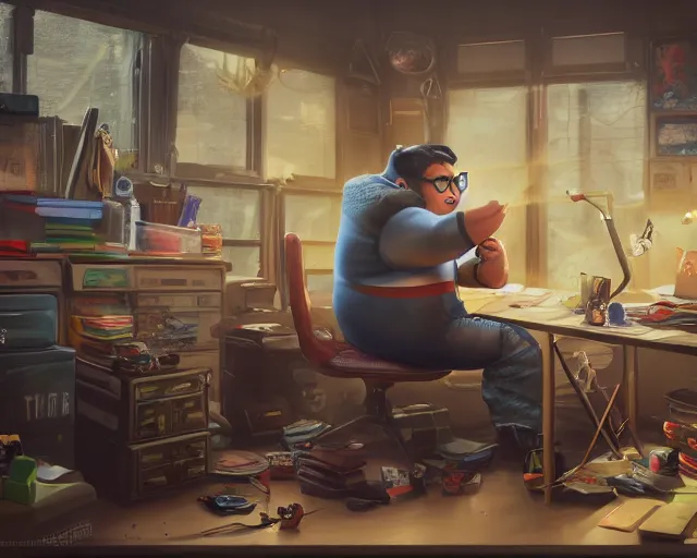 Image similar to an insanely detailed painting of a slightly chubby, nerdy asian man wearing a superhero costume, sitting at a desk, staring at the nervously at the computer and typing, in the style of peter mohrbacher, dramatic lighting and composition, octane render, pixar, trending on artstation, concept art, comic book, view from behind