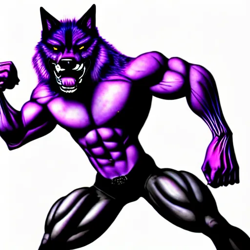 Image similar to anthropomorphic muscular purple wolf, generic furry style, wearing jeans, deviant art, professional furry drawing, insanely detailed, artistic design, hyper detailed wolf - like face, doing a pose from jojo's bizarre adventure, detailed veiny muscles, exaggerated features, beautiful shading, huge spikey teeth, grinning, detailed face