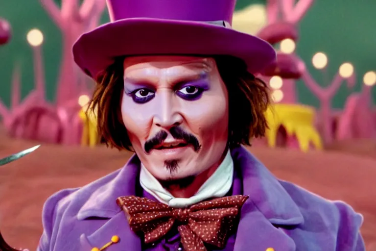 Prompt: cinematic still of johnny depp playing a whimsical character holding a large knife covered in dripping fudge over an umpa lumpa in willy wonka & the chocolate factory film directed by tim burton, movie still, long lens, shallow depth of field, bokeh, anamorphic lens flare