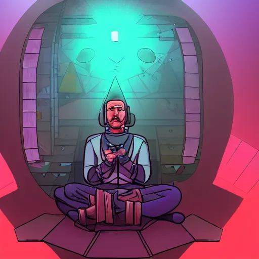 Image similar to a cyberpunk explorer meditating next to a floating triangular glowing monolith with one eye, highly detailed, midnight, by ghostshrimp