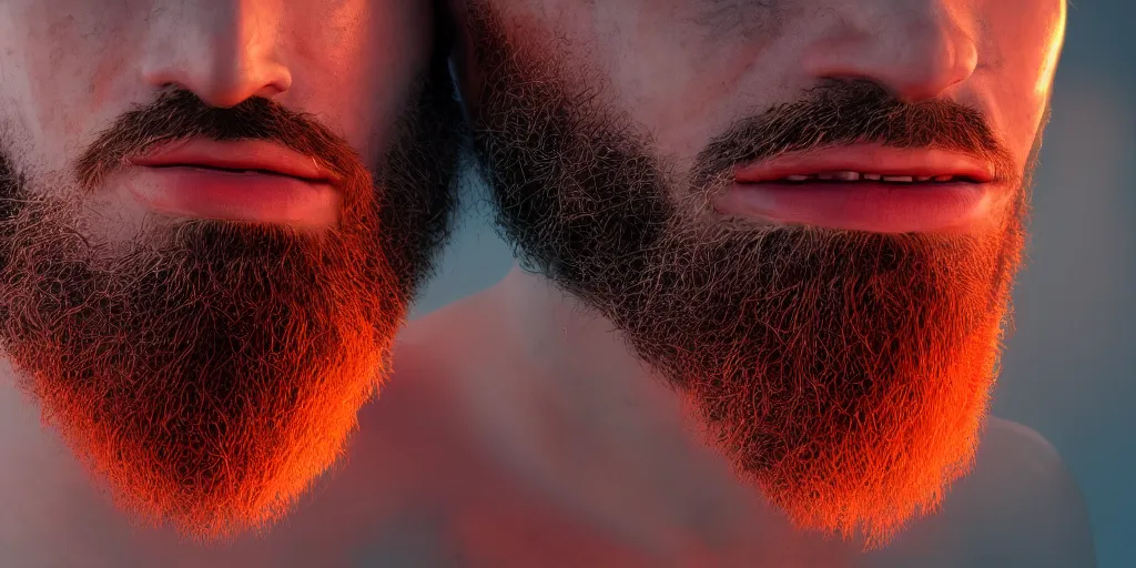 Image similar to an extreme close - up portrait of a neon glowing human beard, photographic filter, unreal engine 5, realistic, hyperdetailed, 8 k, cinematic, volumetric lighting, very realistic effect, hd, hdr, 4 k, sharp focus, octane render, ultra detailed, high resolution, trending on artstation in the style of albert dros glowing rich colors powerful imagery