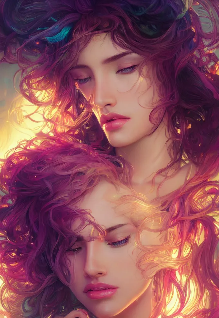 Image similar to beautiful, young woman, detailed gorgeous face, vaporwave aesthetic, synthwave, colorful, psychedelic, artstation, concept art, smooth, extremely sharp detail, finely tuned detail, ultra high definition, 8 k, unreal engine 5, ultra sharp focus, illustration, art by artgerm, greg rutkowski and alphonse mucha