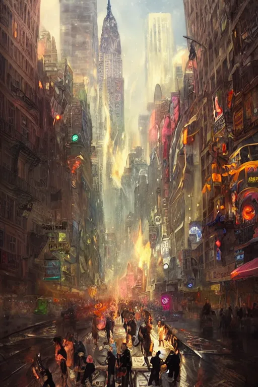 Image similar to Beautiful few sorcerers attacking people on streets with thunders in New York city , wide angle, magic, fire, face painting, dramatic lighting, intricate, wild, highly detailed, digital painting, artstation, concept art, smooth, sharp focus, illustration, art by artgerm and greg rutkowski and alphonse mucha, footage from space camera