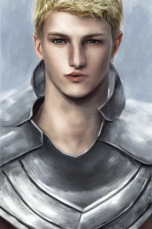 Prompt: a blonde male teenager wearing a silver plate armor, digital painting, digital art, oil painting, masterpiece, realistic and detailed face, profile picture, realistic, highly detailed, high quality, symmetrical, low contrast, trending on deviantart, soft colors, soft lighting, face portrait, beautiful, elegant, castle in the background, bokeh, artgem style