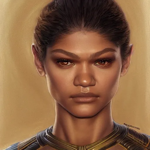 Prompt: zendaya as played in dune, closeup portrait art by donato giancola and greg rutkowski, realistic face, digital art, trending on artstation, symmetry!!