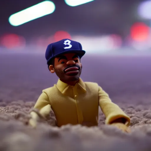 Image similar to a cinematic film still of a claymation stop motion film starring chance the rapper as a college student, shallow depth of field, 8 0 mm, f 1. 8