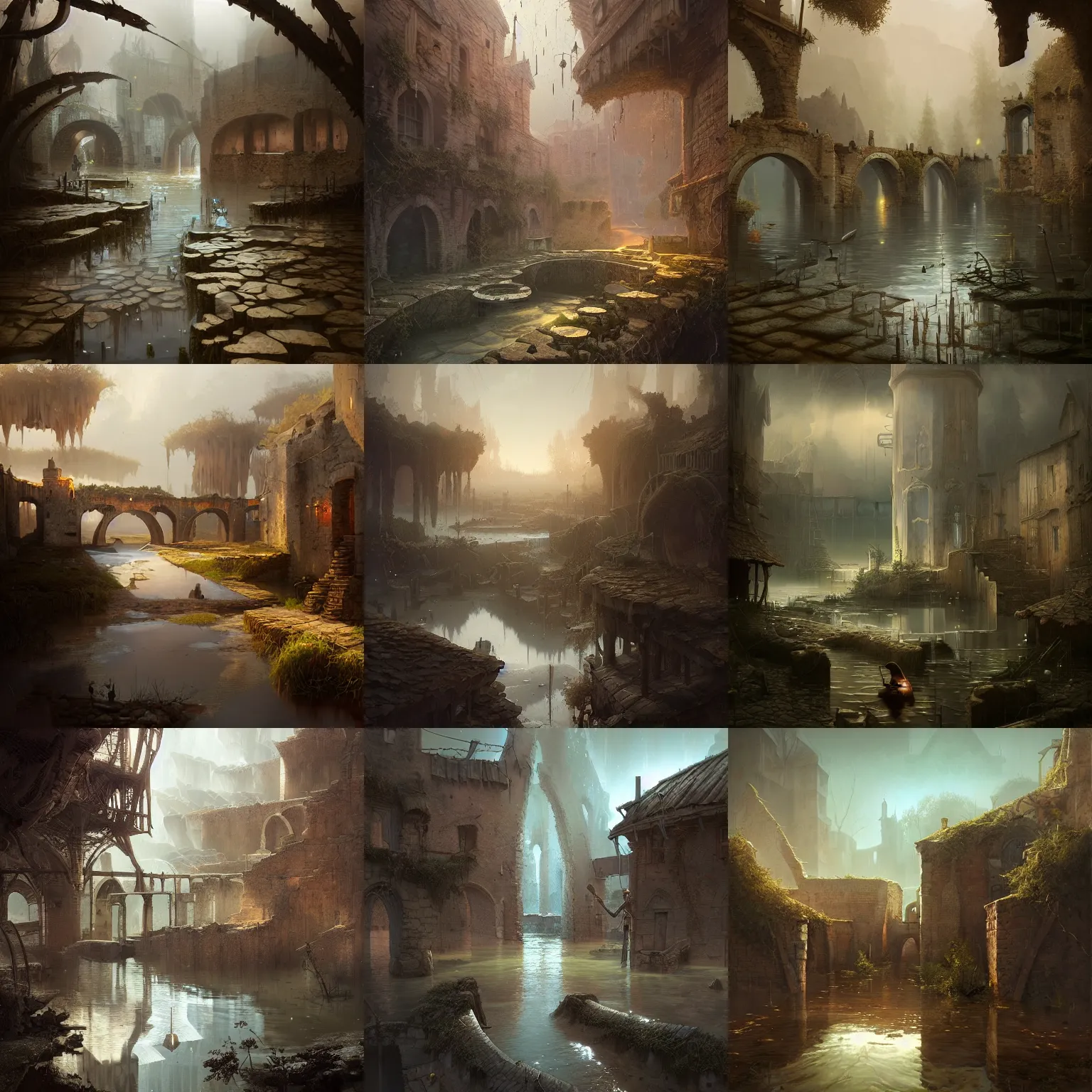 Prompt: flooded post - medieval village with broken aqueducts, light dust, by peter mohrbacher dan mumford craig mullins nekro, cgsociety, pixiv, volumetric light, 3 d render