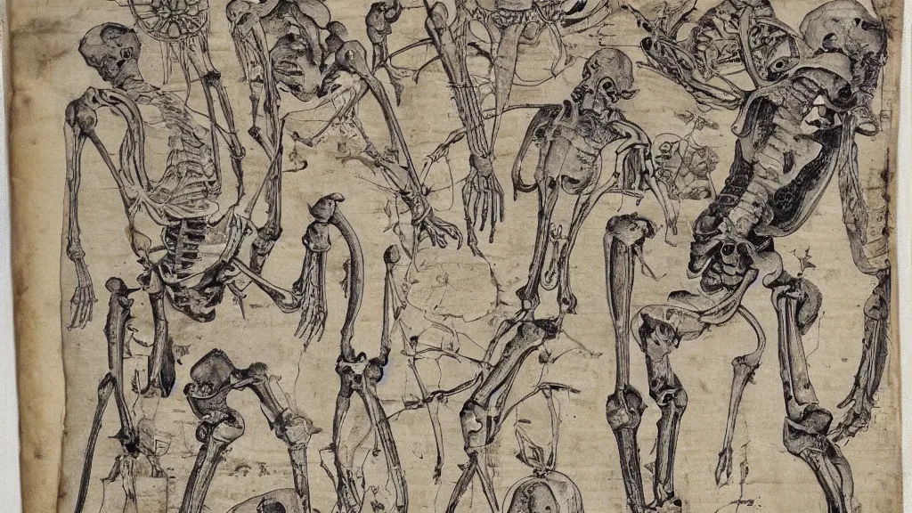 Prompt: 17th century scroll with illustrations of human bones!!! descriptions! written in an alien! language!, clean layout