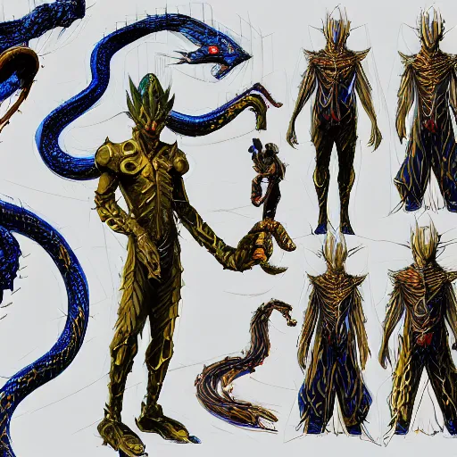 Image similar to concept design sketches for a character that is an ethereal humanoid snake with hands, golden scales and blue accents scattered in its design, art by yuji ikehata and satoshi kon, background art by miyazaki, realism, proper human male proportions, fully clothed, dungeons and dragons, anime
