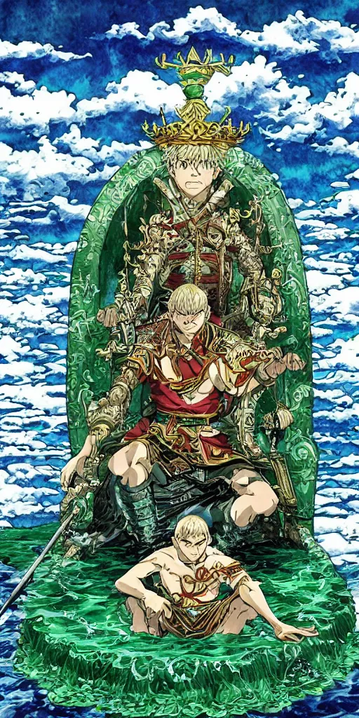 Image similar to a lone emperor sitting on a emerald throne floating on water in the middle of a lake drawn by Makoto Yukimura in the style of Vinland saga anime, full color, detailed, psychedelic, Authority, structure, a father figure