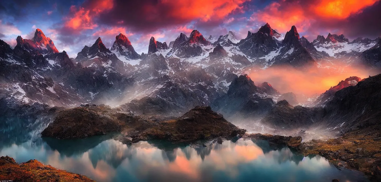 Image similar to amazing landscape photo of mountains with lake in sunset by marc adamus, beautiful dramatic lighting