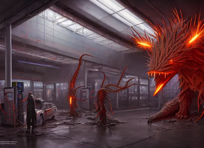 Image similar to scene inside a gas station with harsh fluorescent industrial lighting, giant monstrous aggressive spiked creature screaming at the camera, spikes like needles, needles, thin spikes, epic science fiction horror digital matte painting by Moebius and Mark Brooks (and Greg Rutkowski), extremely detailed, artstation