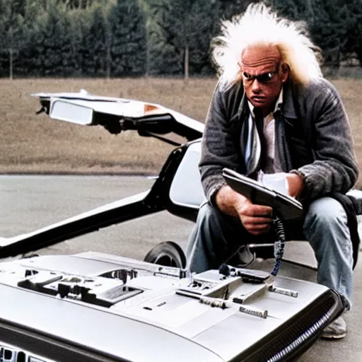 Prompt: doc brown working construction, building a delorean, back to the future - w 7 6 8