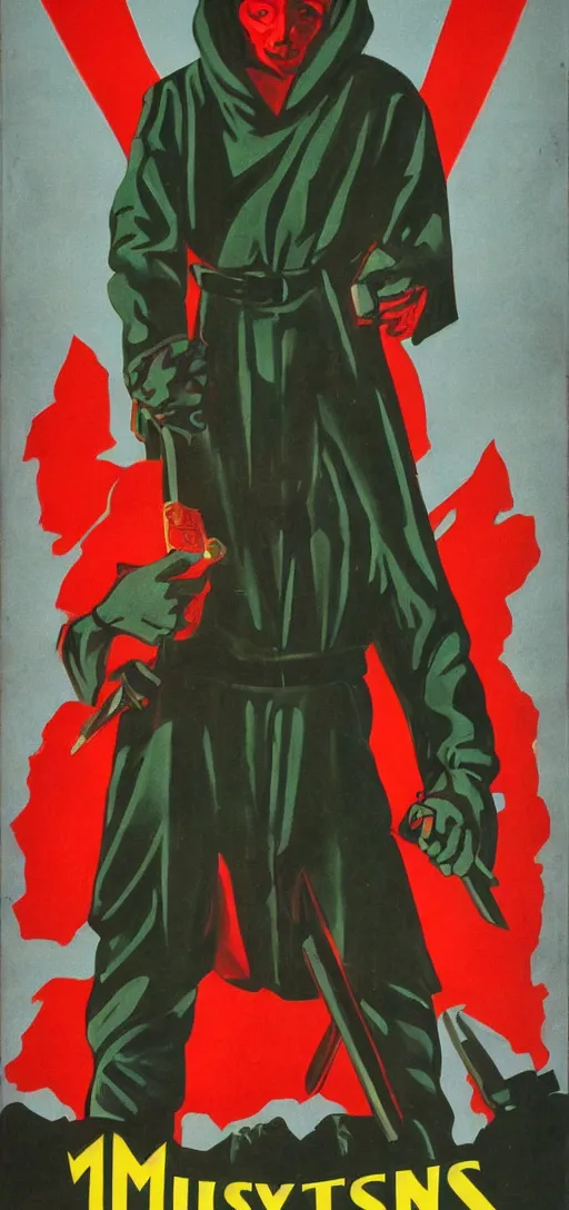 Image similar to mistery man in hood and red eyes with a knife, 1940s propaganda poster, full hd,highly detailed