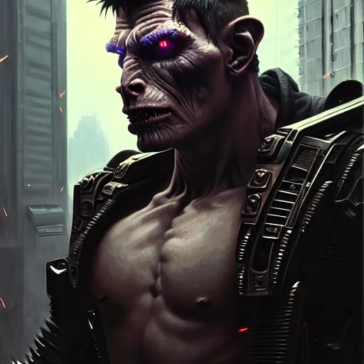 Prompt: portrait painting of a cyberpunk orc mercenary muscular david tennant, ultra realistic, concept art, intricate details, eerie, highly detailed, photorealistic, octane render, 8 k, unreal engine. art by artgerm and greg rutkowski and charlie bowater and magali villeneuve and alphonse mucha