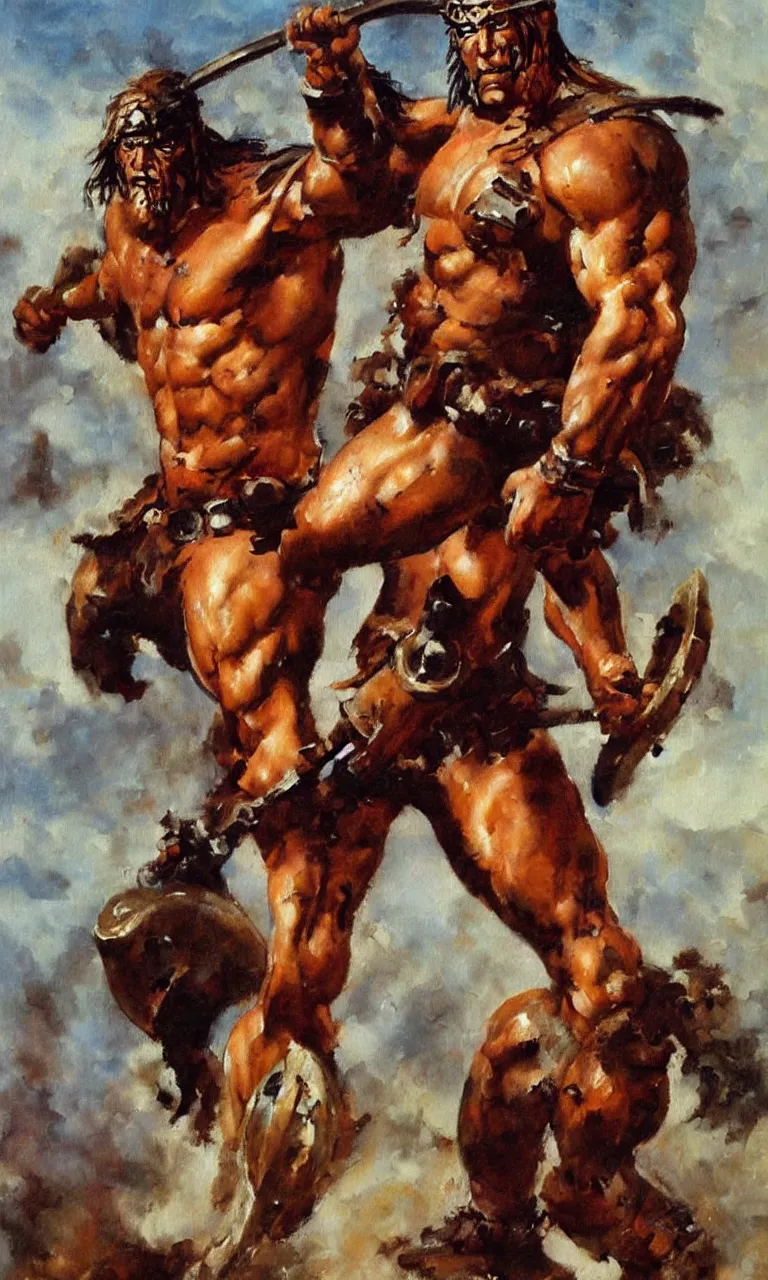 Image similar to an oil painting of a muscular barbarian warrior by frank frazetta