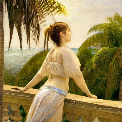 Image similar to a ultradetailed beautiful painting of a girl in the amazonas palace balustrade designed by jules bastien - lepage, hans belmer, frank weston and gustave baumann, beach, trending on artstation, mediterranean, palm trees, refracted color sparkles, sharp focus, soft light, 8 k 4 k