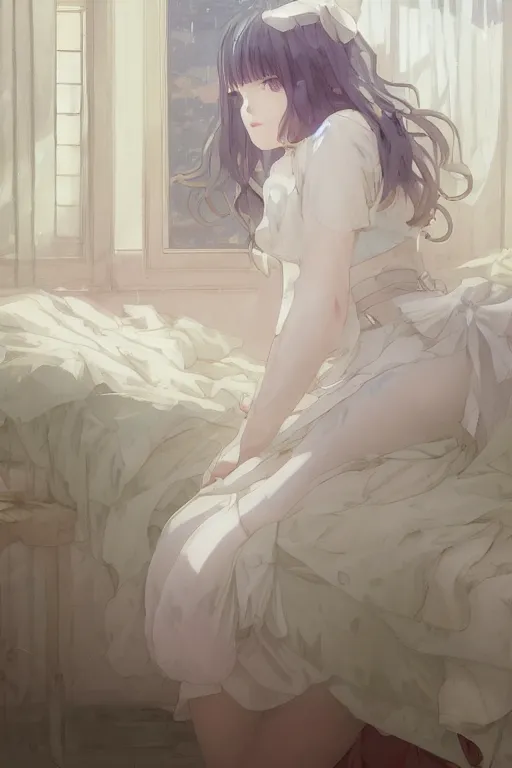 Prompt: a girl in a maid's outfit in the bedroom a night, raining outside the window, wavy white long hair, by krenz cushart and mucha and akihito yoshida and greg rutkowski and makoto shinkai, detailed eyes, 4 k resolution