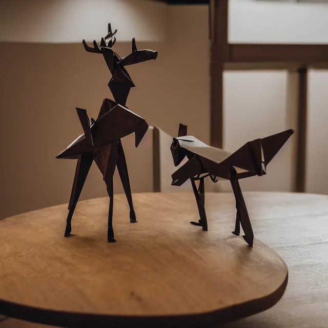 Image similar to a photograph of a deer origami and a robot origami on top of a wooden table