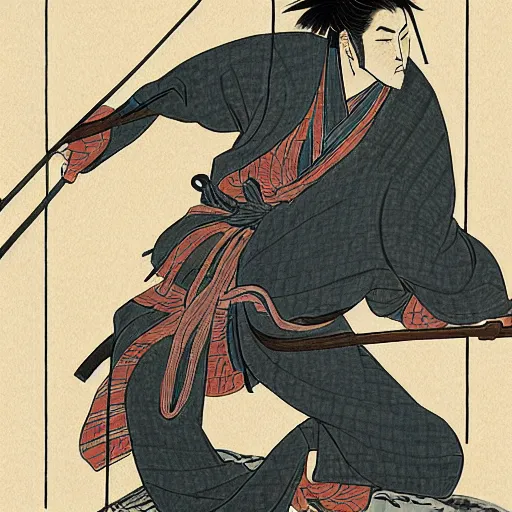 Image similar to by hokusai, samurai man vagabond, the samurai holds chains, detailed, editorial illustration, matte print, concept art, ink style, sketch, digital 2 d