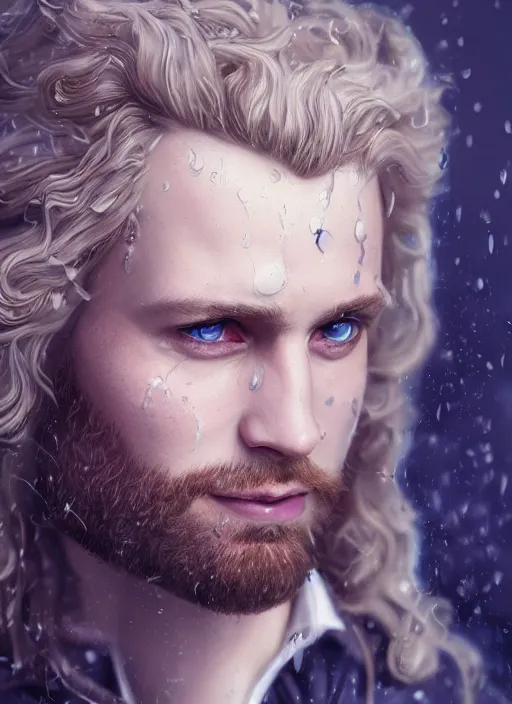 Image similar to An epic fantastic realism comic book style portrait painting of Lucius the most beautiful man in the universe, long fluffy blond curls of hair, porcelain pale skin, flowers rain everywhere, fisheye lens, Apex Legends Concept Art, porcelain, unreal 5, DAZ, hyperrealistic, octane render, cosplay, RPG portrait, dynamic lighting