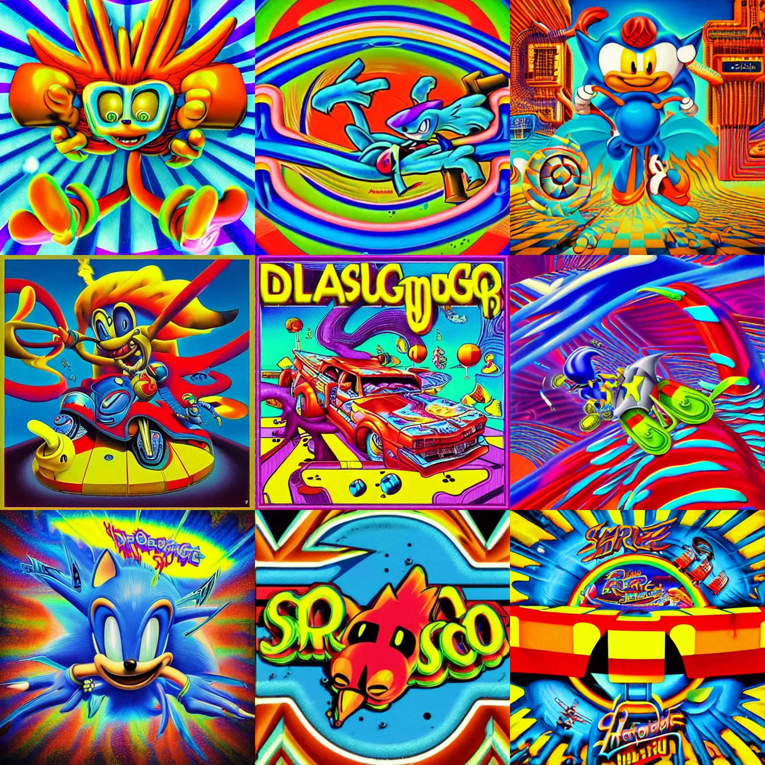 Prompt: retro game advertisement in a surreal, faded, detailed professional, totally radical, high quality airbrush art shpongle album cover of a liquid dissolving lsd dmt sonic the hedgehog on a flat blue checkerboard plane, 1 9 9 0 s 1 9 9 2 prerendered graphics raytraced phong shaded album cover