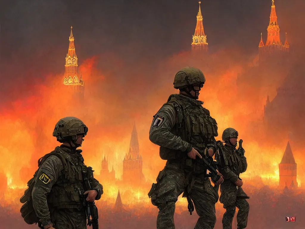 Image similar to special forces nato soldier with yellow shoulder patch watches red square kremlin burning in the background, d & d, fantasy, bright atmosphere, volumetric lights, intricate, elegant, extremely detailed, digital painting, artstation, concept art, matte, smooth, sharp focus, hyper realistic, illustration, art by artgerm and greg rutkowski and alphonse mucha