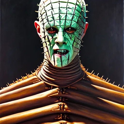 Image similar to portrait of pinhead from hellraiser. demonic cenobite. oil painting by lucian freud. path traced, highly detailed, high quality, j. c. leyendecker, drew struzan tomasz alen kopera, peter mohrbacher, donato giancola