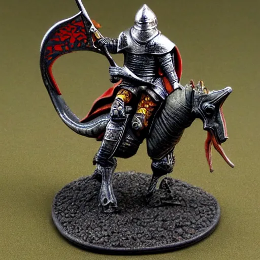 Image similar to D&D, high detail, miniature of medieval knight riding a dinosaur, Lord of the Print, 28mm scale