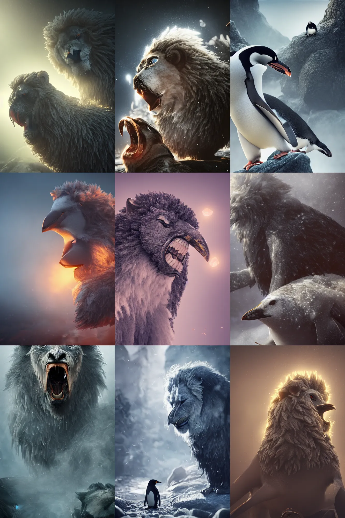 Prompt: penguin with lions mane, intricate detail, volumetric lighting, epic composition, hyper detailed, ultra realistic, sharp focus, octane render, volumetric, ray tracing, artstation, sense of awe, swirling mist, himalayan rocksalt lamp