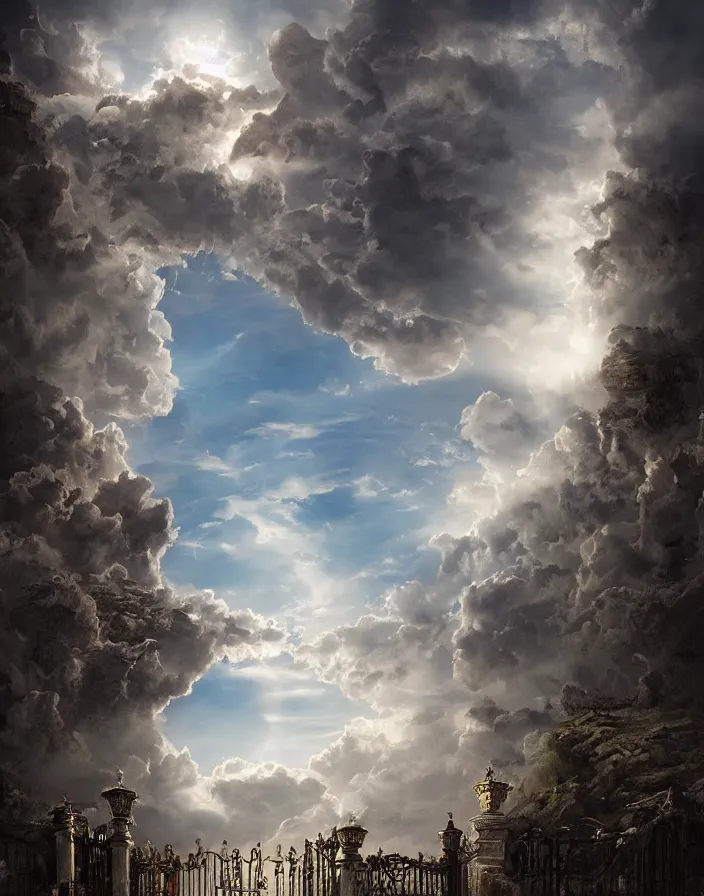 Image similar to open Gates of heaven in the clouds by paul chadeison, concept art, ultra realistic, super detailed, photorealistic, cinematographic, epic lighting, religious