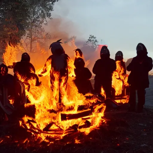 Prompt: fursuits burning in a bonfire