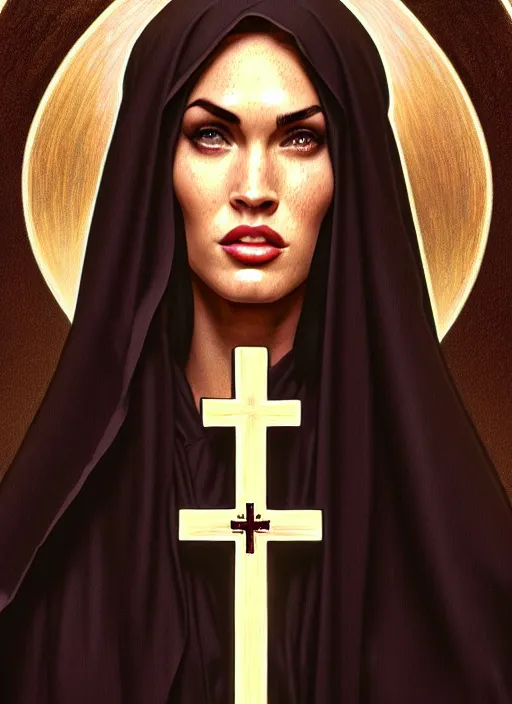 Image similar to portrait of megan fox as a nun with satanic cross, catholic, church, bible, christian, intricate, headshot, highly detailed, digital painting, artstation, concept art, sharp focus, cinematic lighting, illustration, art by artgerm and greg rutkowski, alphonse mucha, cgsociety