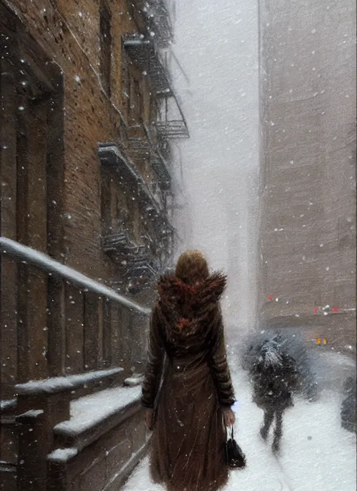 Image similar to back of emma stone in beige coat, walking into new york apartment building in winter, zoomed out, artwork by gaston bussiere, craig mullins, trending on artstation