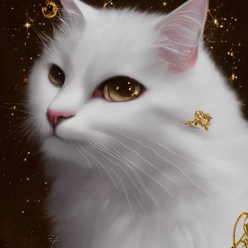 Image similar to amazing exquisite matte painting, close - up portrait of a white fluffy cat, sacred,, shimmer, exquisite detail huge details, gold detailed line work, by xision and yukii morita,, james jean, trending on artstation